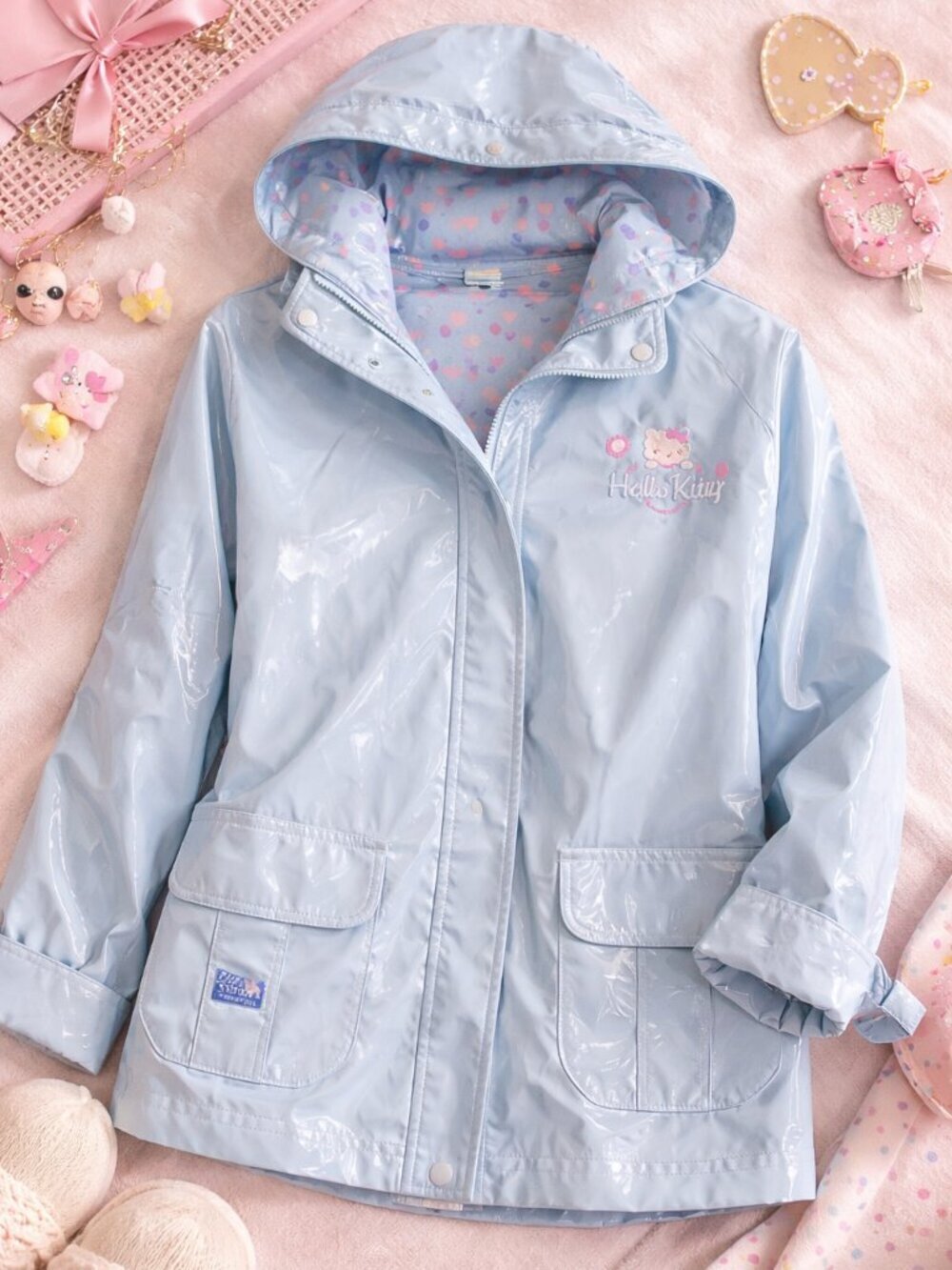Hello Kitty Sanrio Rain Jacket Girls L 14 Blue Vinyl Hooded Cute